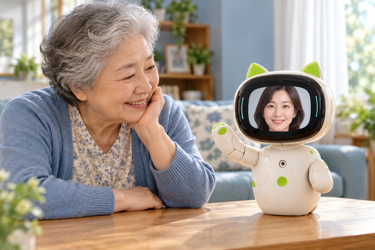 가족 얼굴이 표시된 다솜 로봇과 교감하는 어르신