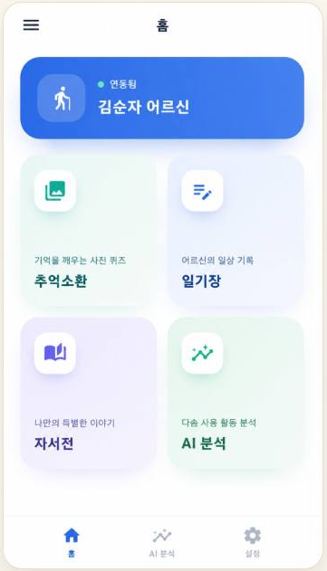 추억소환·일기장·자서전·AI 분석 메뉴가 있는 다솜 일상 보호자앱 홈 화면