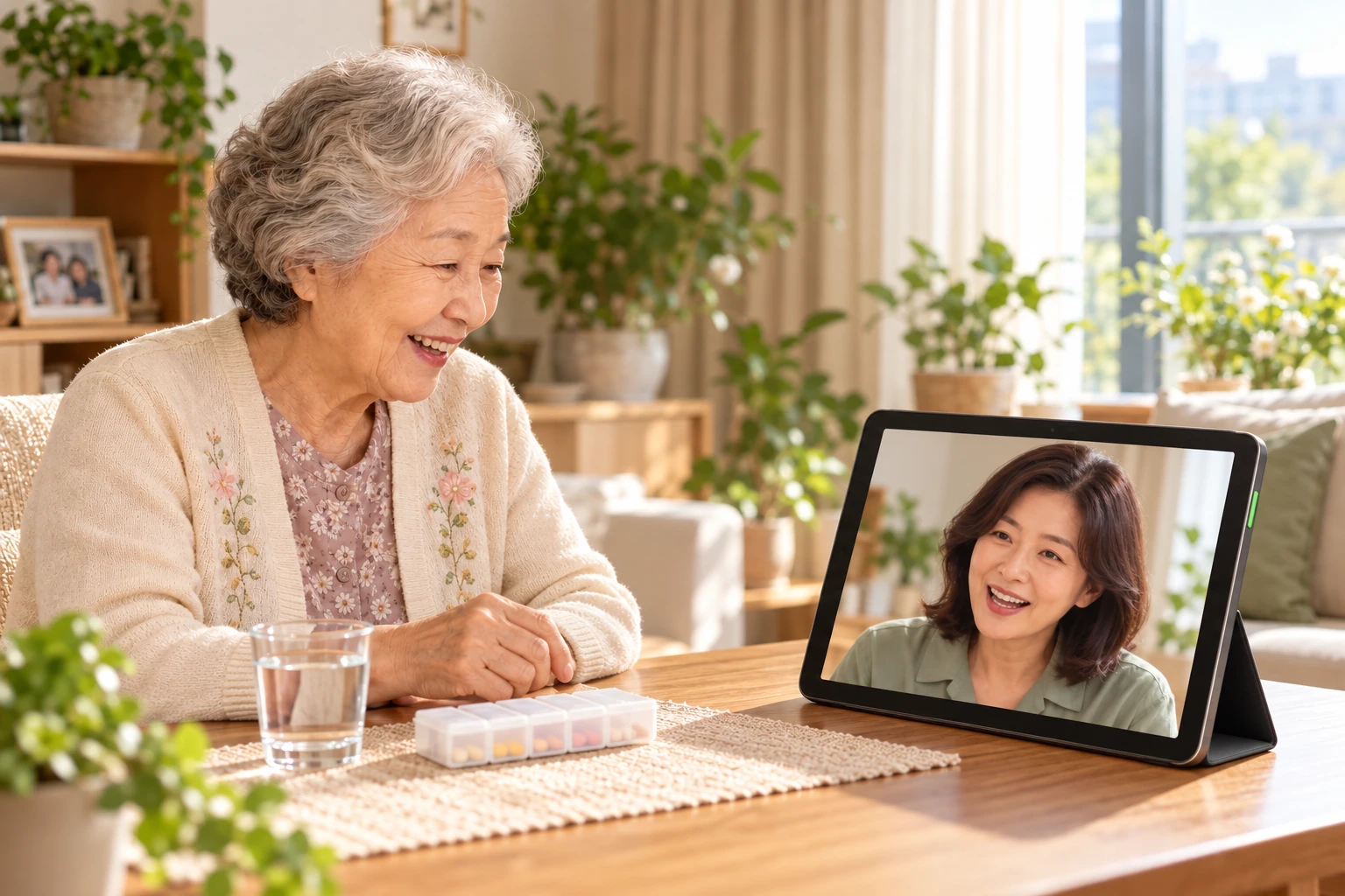 패드 화면 속 보호자 얼굴을 보며 복약 알림을 받는 어르신