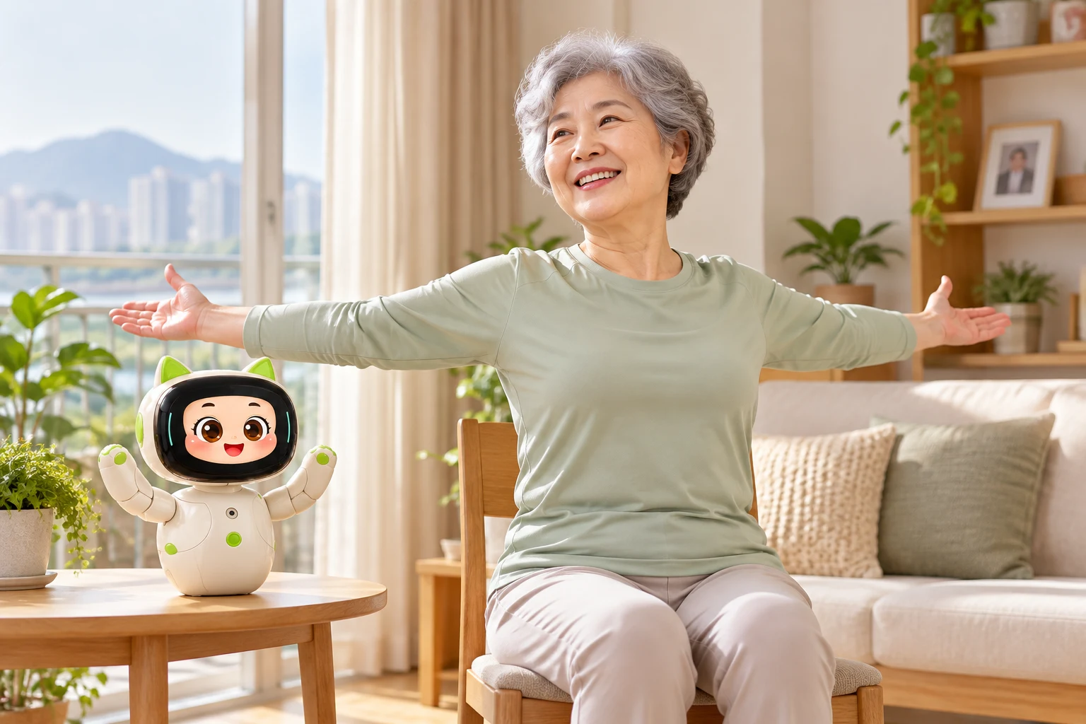 다솜 로봇과 함께 앉아서 체조하는 어르신